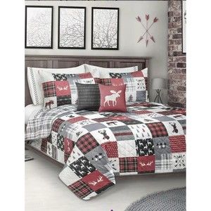New Patchwork Reversible Printed Holiday Quilt 2 PC Set Twin Moose Bear Reindeer